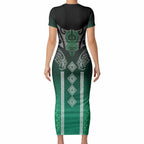 Aotearoa Maori Iwi Heritage Short Sleeve Bodycon Dress Ngai Tahu Pounamu Green