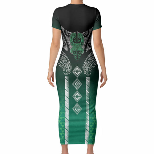 Aotearoa Maori Iwi Heritage Short Sleeve Bodycon Dress Ngai Tahu Pounamu Green