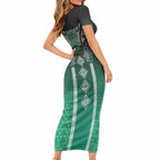 Aotearoa Maori Iwi Heritage Short Sleeve Bodycon Dress Ngai Tahu Pounamu Green