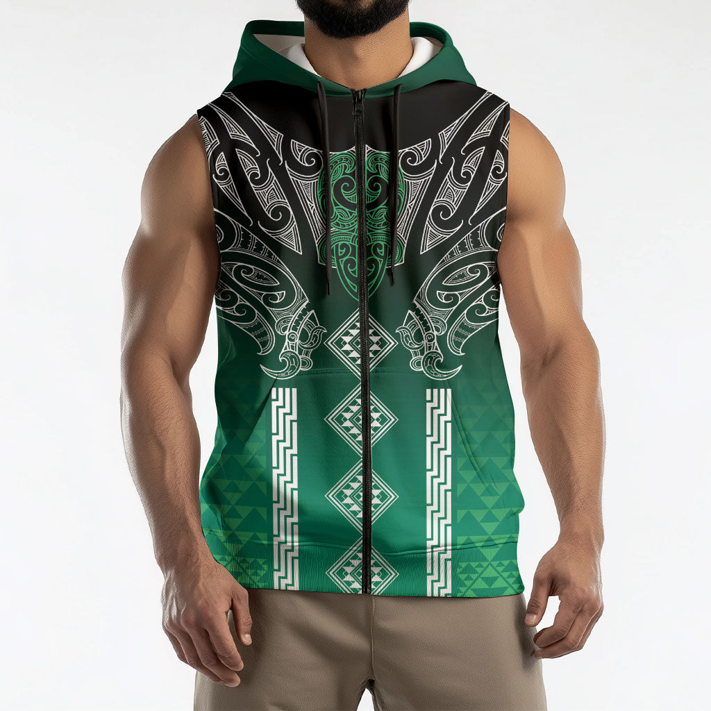 Aotearoa Maori Iwi Heritage Sleeveless Zip Hoodie Ngai Tahu Pounamu Green