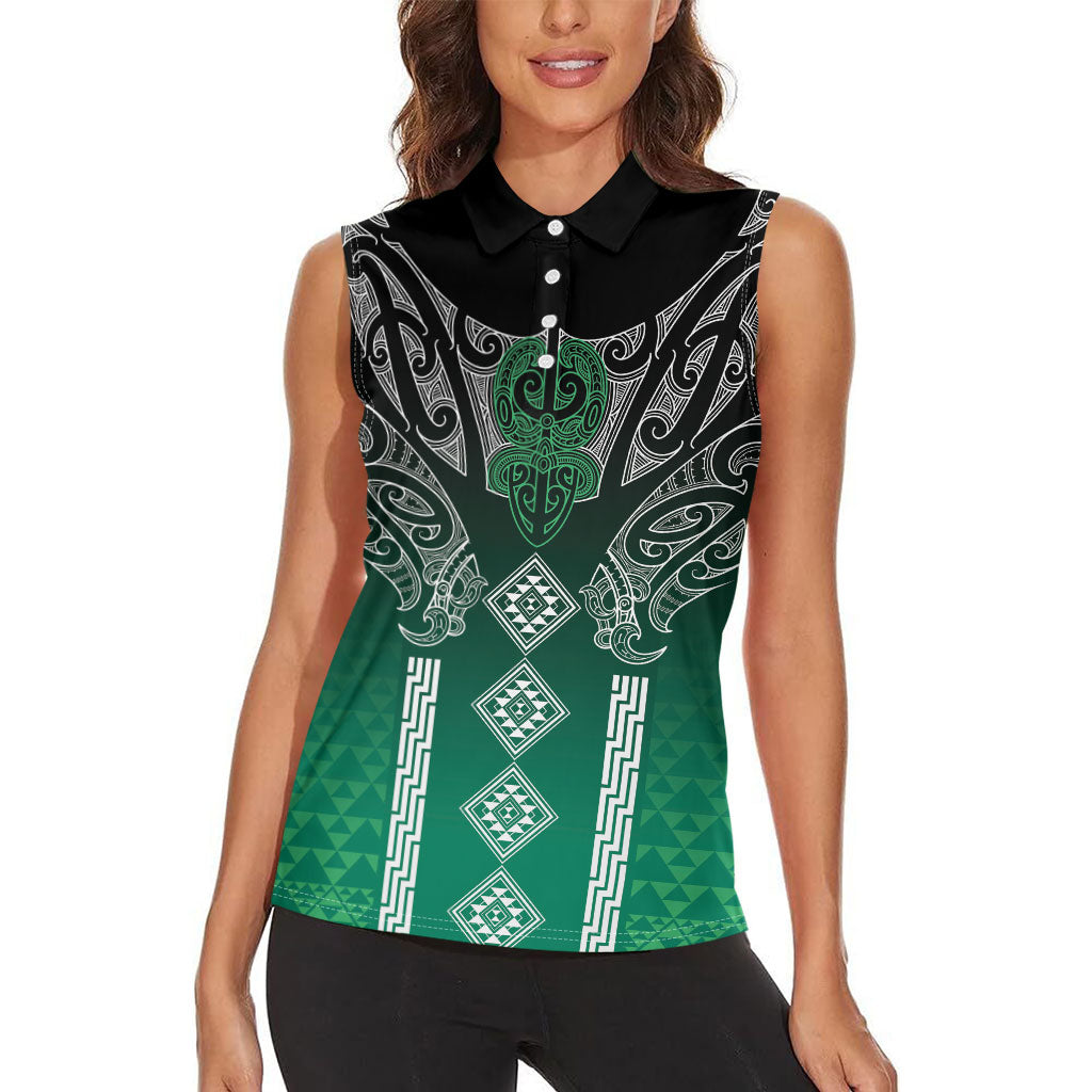 Aotearoa Maori Iwi Heritage Women Sleeveless Polo Shirt Ngai Tahu Pounamu Green