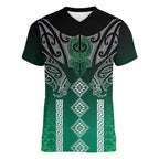 Aotearoa Maori Iwi Heritage Women V-Neck T-Shirt Ngai Tahu Pounamu Green