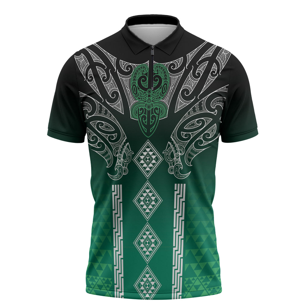 Aotearoa Maori Iwi Heritage Zipper Polo Shirt Ngai Tahu Pounamu Green