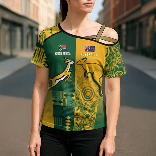 Australia - South Africa Rugby Custom Indigenous Motifs Cross Shoulder Shirt Bokke Vs Wallabies