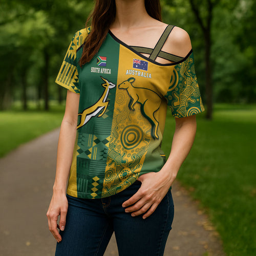 Australia - South Africa Rugby Custom Indigenous Motifs Cross Shoulder Shirt Bokke Vs Wallabies