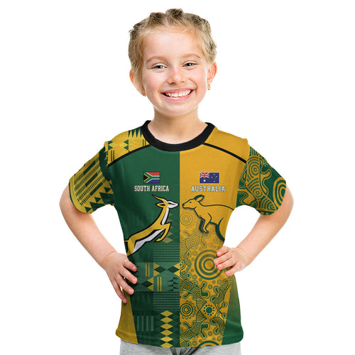 Australia - South Africa Rugby Custom Indigenous Motifs Kid T Shirt Bokke Vs Wallabies