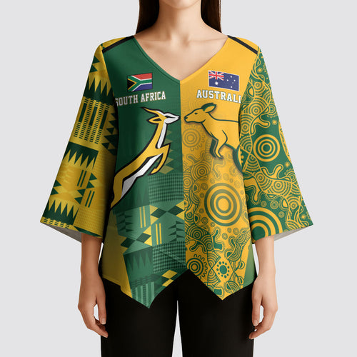 Australia - South Africa Rugby Custom Indigenous Motifs Kimono Sleeve Blouse Bokke Vs Wallabies
