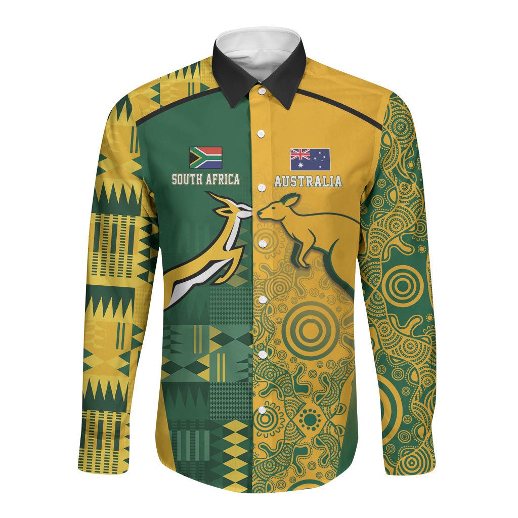 Australia - South Africa Rugby Custom Indigenous Motifs Long Sleeve Button Shirt Bokke Vs Wallabies
