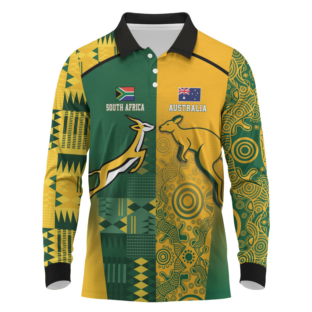 Australia - South Africa Rugby Custom Indigenous Motifs Long Sleeve Polo Shirt Bokke Vs Wallabies