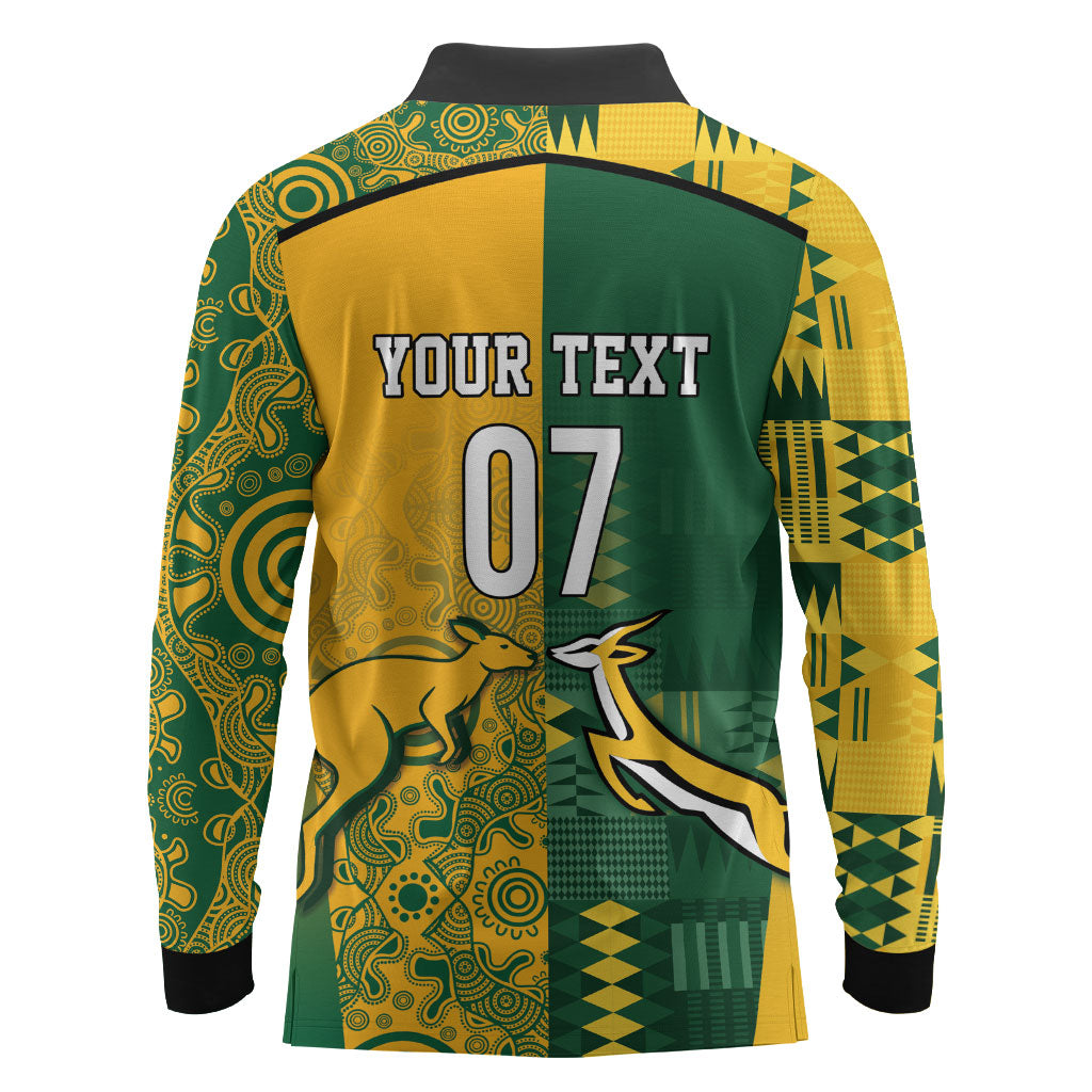 Australia - South Africa Rugby Custom Indigenous Motifs Long Sleeve Polo Shirt Bokke Vs Wallabies
