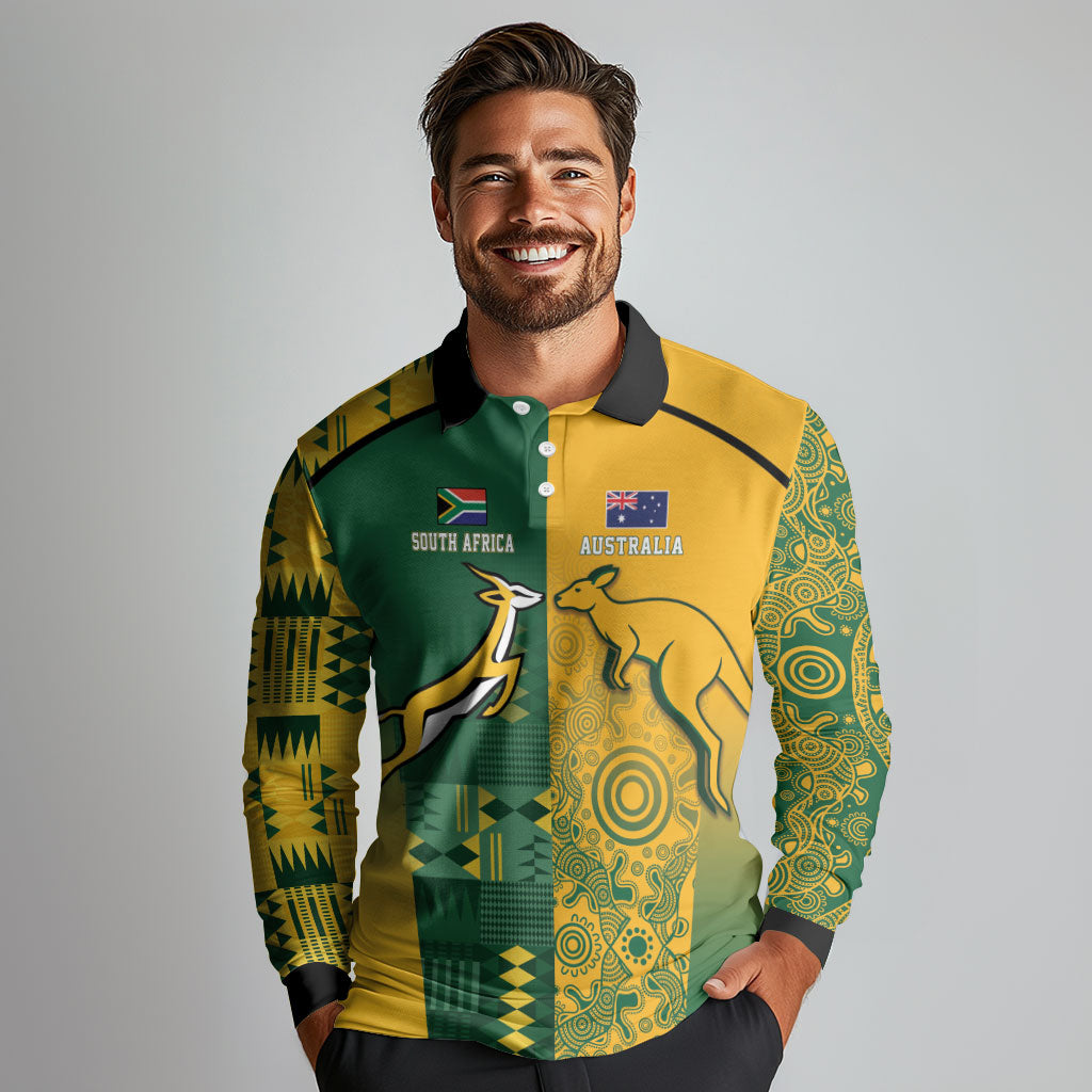 Australia - South Africa Rugby Custom Indigenous Motifs Long Sleeve Polo Shirt Bokke Vs Wallabies