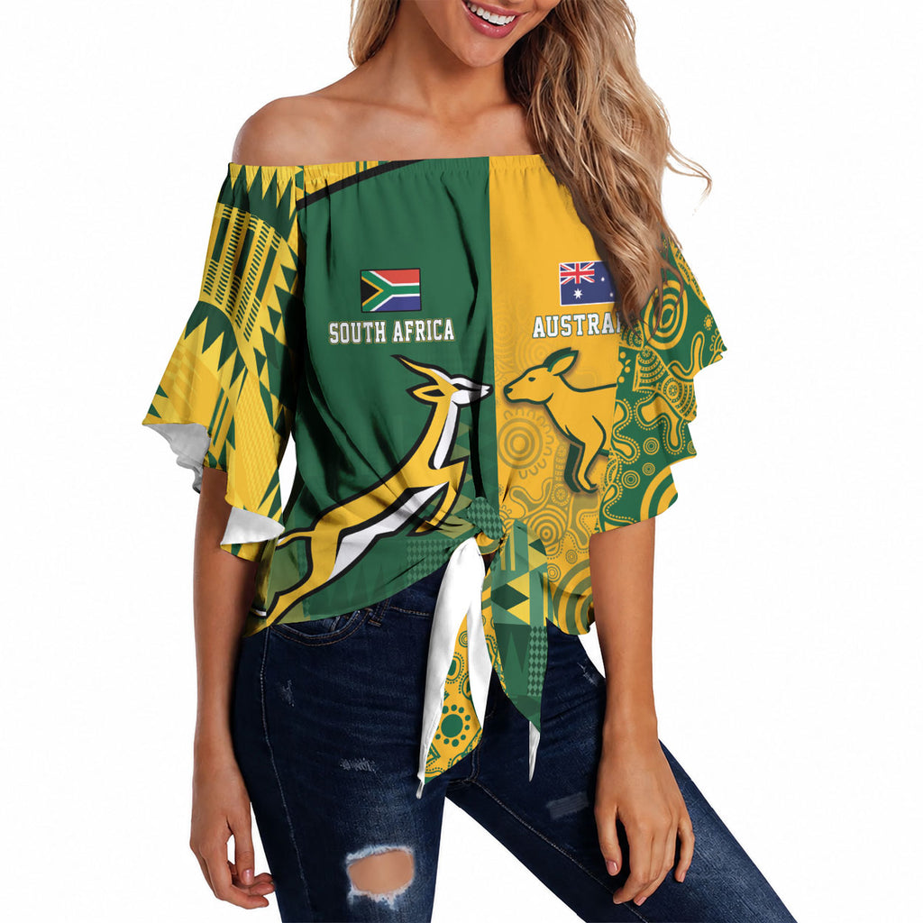Australia - South Africa Rugby Custom Indigenous Motifs Off Shoulder Wrap Waist Top Bokke Vs Wallabies
