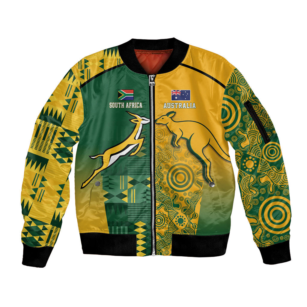 Australia - South Africa Rugby Custom Indigenous Motifs Sleeve Zip Bomber Jacket Bokke Vs Wallabies