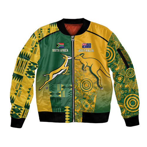 Australia - South Africa Rugby Custom Indigenous Motifs Sleeve Zip Bomber Jacket Bokke Vs Wallabies