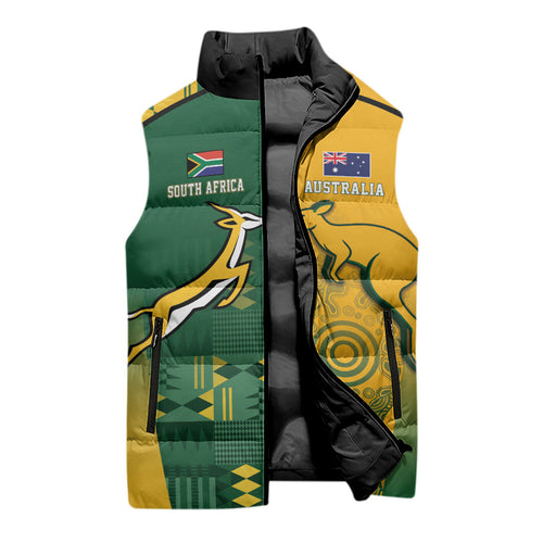 Australia - South Africa Rugby Custom Indigenous Motifs Sleeveless Puffer Jacket Bokke Vs Wallabies