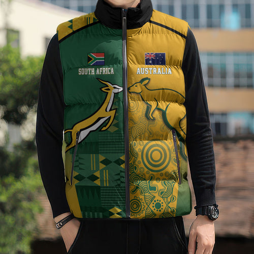 Australia - South Africa Rugby Custom Indigenous Motifs Sleeveless Puffer Jacket Bokke Vs Wallabies
