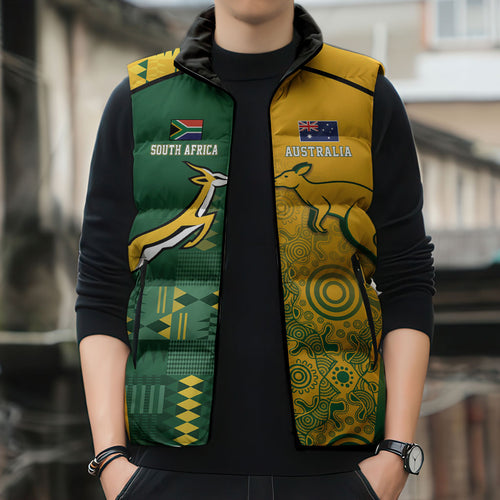 Australia - South Africa Rugby Custom Indigenous Motifs Sleeveless Puffer Jacket Bokke Vs Wallabies