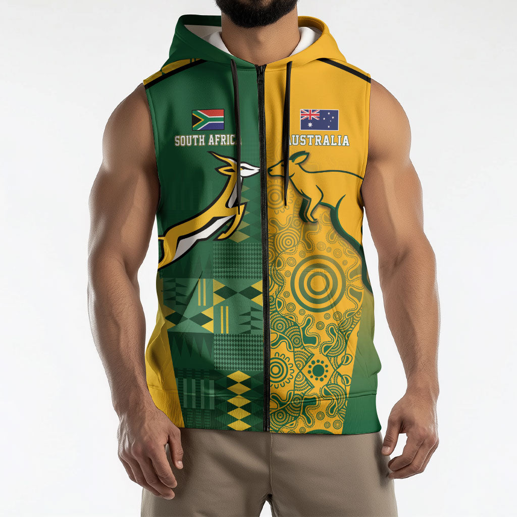 Australia - South Africa Rugby Custom Indigenous Motifs Sleeveless Zip Hoodie Bokke Vs Wallabies