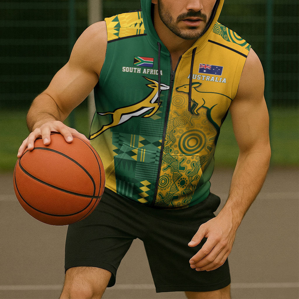 Australia - South Africa Rugby Custom Indigenous Motifs Sleeveless Zip Hoodie Bokke Vs Wallabies