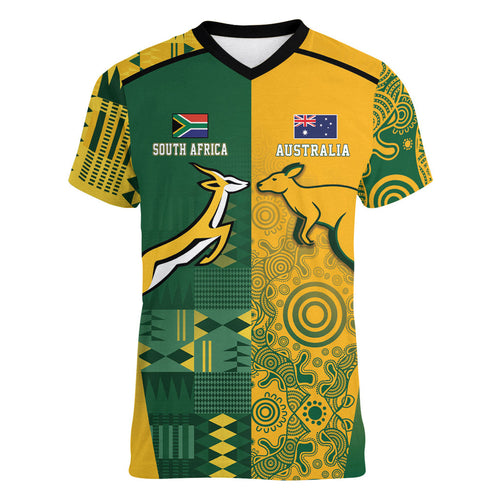 Australia - South Africa Rugby Custom Indigenous Motifs Women V-Neck T-Shirt Bokke Vs Wallabies