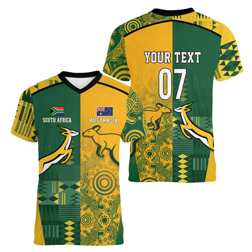 Australia - South Africa Rugby Custom Indigenous Motifs Women V-Neck T-Shirt Bokke Vs Wallabies