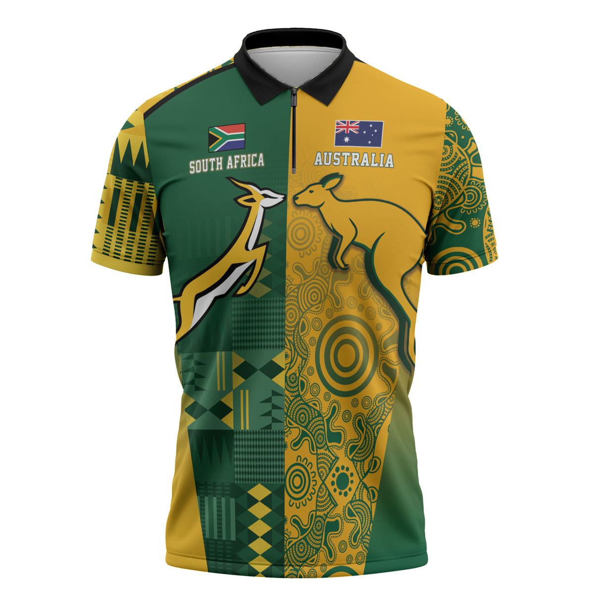 Australia - South Africa Rugby Custom Indigenous Motifs Zipper Polo Shirt Bokke Vs Wallabies