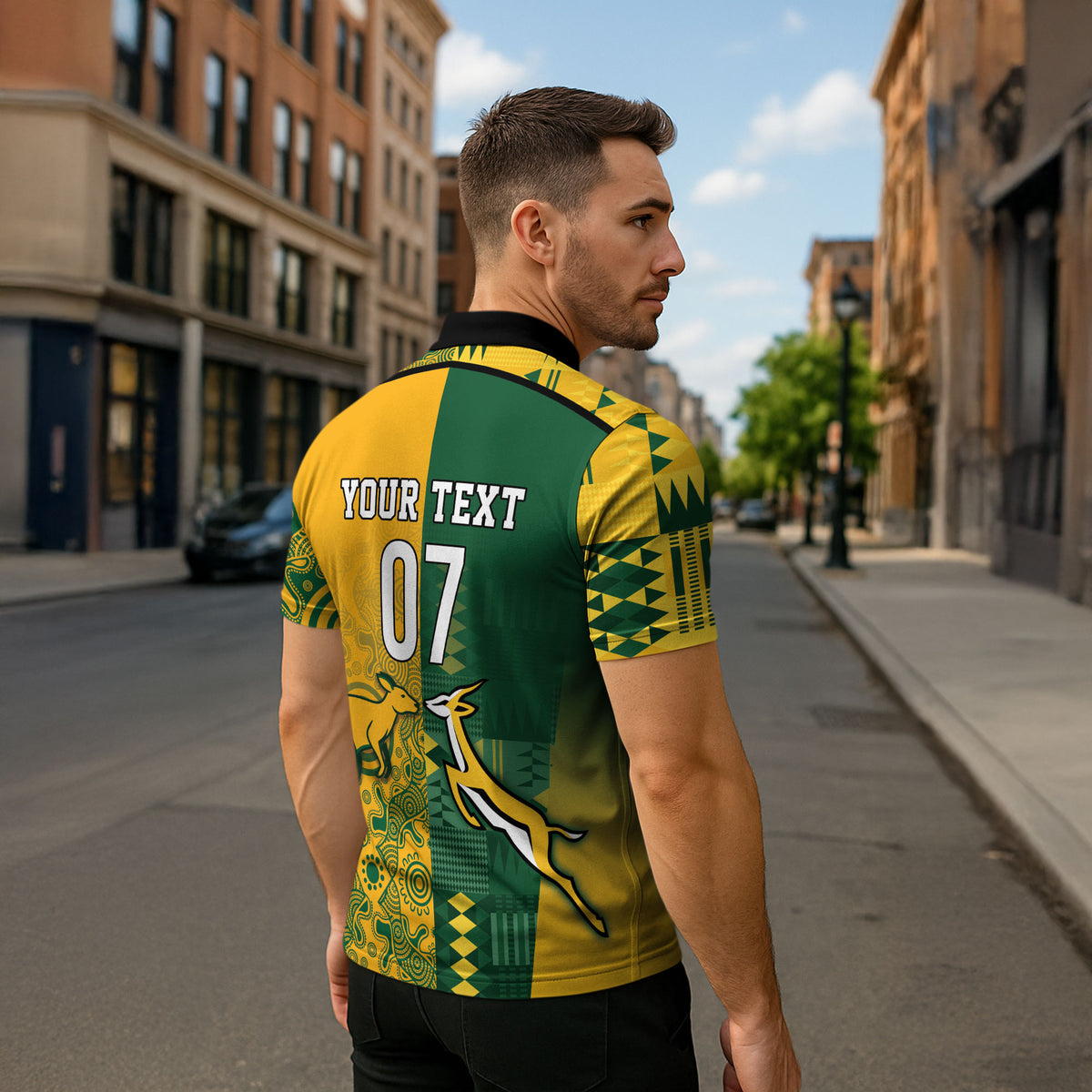 Australia - South Africa Rugby Custom Indigenous Motifs Zipper Polo Shirt Bokke Vs Wallabies