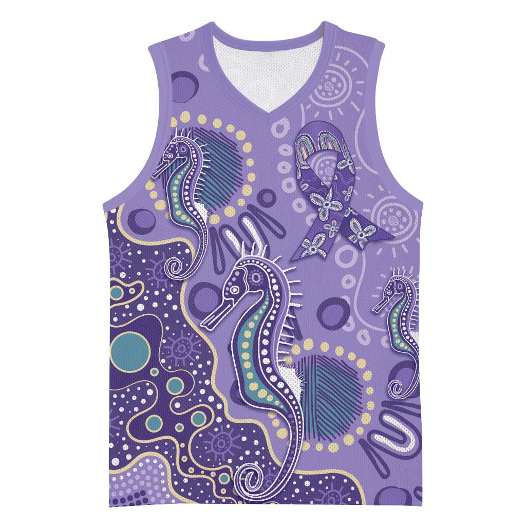 Australia Epilepsy Awareness Basketball Jersey Aboriginal Purple Ribbon with Seahorse - Aussie Hoodie