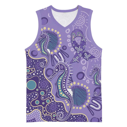 Australia Epilepsy Awareness Basketball Jersey Aboriginal Purple Ribbon with Seahorse - Aussie Hoodie