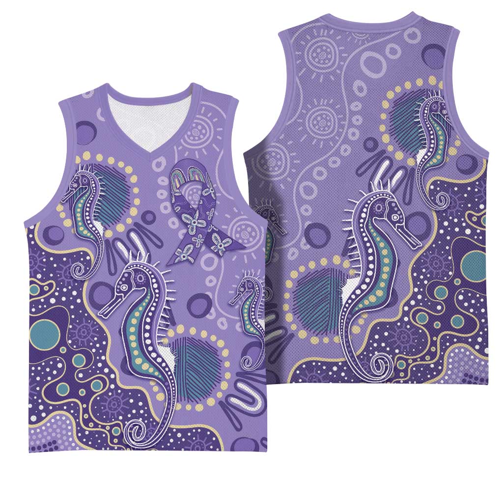 Australia Epilepsy Awareness Basketball Jersey Aboriginal Purple Ribbon with Seahorse - Aussie Hoodie