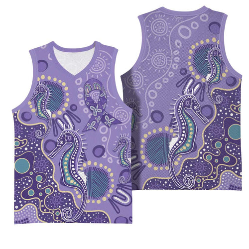 Australia Epilepsy Awareness Basketball Jersey Aboriginal Purple Ribbon with Seahorse - Aussie Hoodie