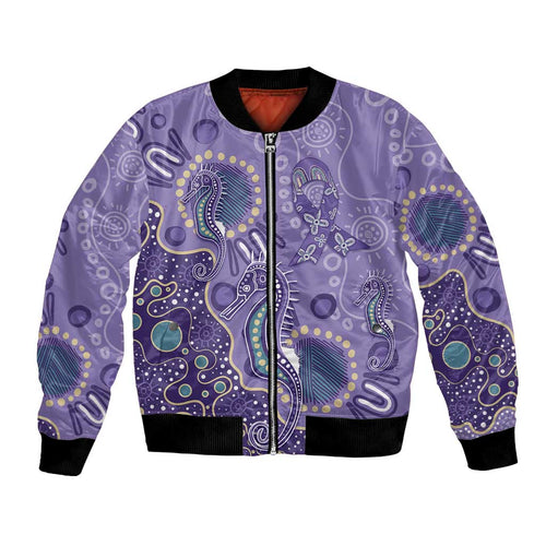 Australia Epilepsy Awareness Bomber Jacket Aboriginal Purple Ribbon with Seahorse - Aussie Hoodie