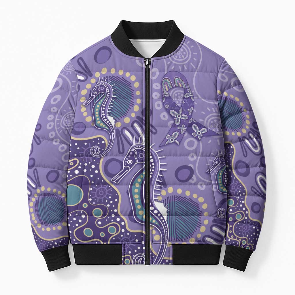 Australia Epilepsy Awareness Bomber Puffer Jacket Aboriginal Purple Ribbon with Seahorse - Aussie Hoodie