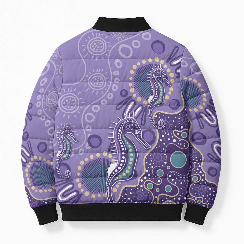 Australia Epilepsy Awareness Bomber Puffer Jacket Aboriginal Purple Ribbon with Seahorse - Aussie Hoodie