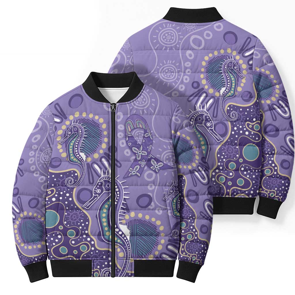 Australia Epilepsy Awareness Bomber Puffer Jacket Aboriginal Purple Ribbon with Seahorse - Aussie Hoodie