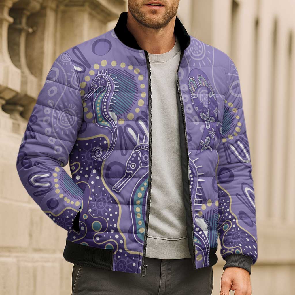 Australia Epilepsy Awareness Bomber Puffer Jacket Aboriginal Purple Ribbon with Seahorse - Aussie Hoodie