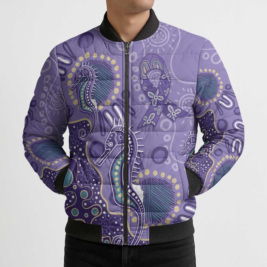 Australia Epilepsy Awareness Bomber Puffer Jacket Aboriginal Purple Ribbon with Seahorse - Aussie Hoodie