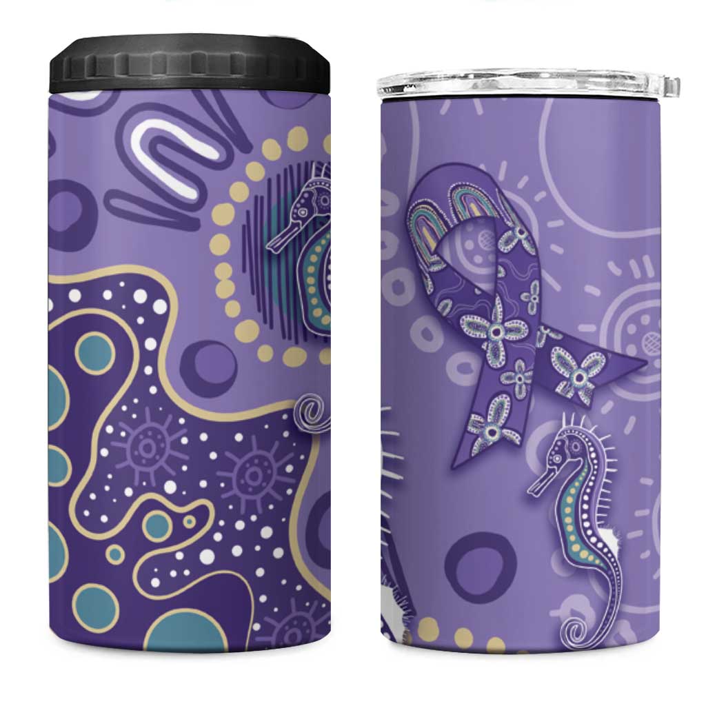 Australia Epilepsy Awareness 4 in 1 Can Cooler Tumbler Aboriginal Purple Ribbon with Seahorse - Aussie Hoodie