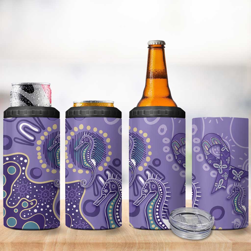 Australia Epilepsy Awareness 4 in 1 Can Cooler Tumbler Aboriginal Purple Ribbon with Seahorse - Aussie Hoodie