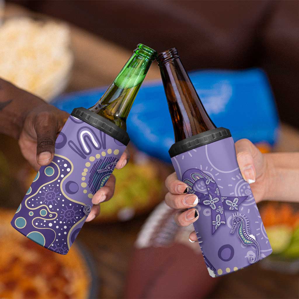 Australia Epilepsy Awareness 4 in 1 Can Cooler Tumbler Aboriginal Purple Ribbon with Seahorse - Aussie Hoodie