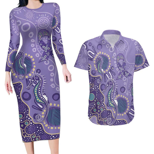 Australia Epilepsy Awareness Couples Matching Long Sleeve Bodycon Dress and Hawaiian Shirt Aboriginal Purple Ribbon with Seahorse - Aussie Hoodie