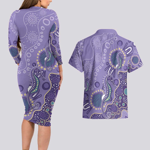 Australia Epilepsy Awareness Couples Matching Long Sleeve Bodycon Dress and Hawaiian Shirt Aboriginal Purple Ribbon with Seahorse - Aussie Hoodie