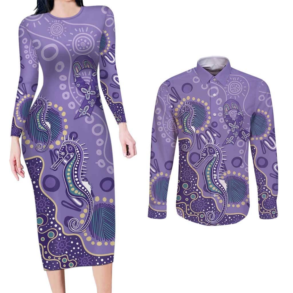 Australia Epilepsy Awareness Couples Matching Long Sleeve Bodycon Dress and Long Sleeve Button Shirt Aboriginal Purple Ribbon with Seahorse - Aussie Hoodie