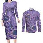 Australia Epilepsy Awareness Couples Matching Long Sleeve Bodycon Dress and Long Sleeve Button Shirt Aboriginal Purple Ribbon with Seahorse - Aussie Hoodie