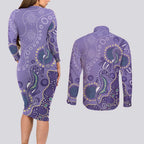Australia Epilepsy Awareness Couples Matching Long Sleeve Bodycon Dress and Long Sleeve Button Shirt Aboriginal Purple Ribbon with Seahorse - Aussie Hoodie