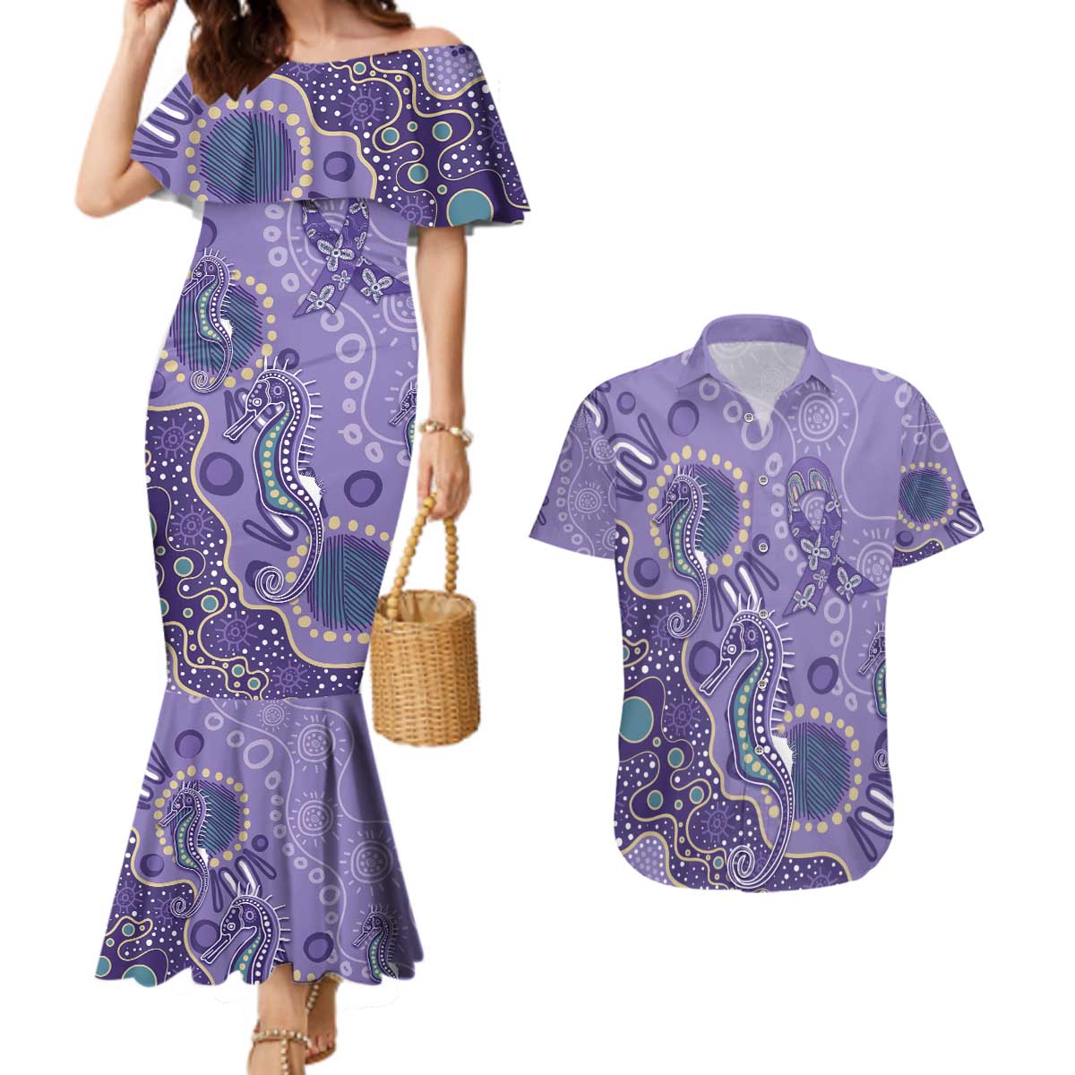Australia Epilepsy Awareness Couples Matching Mermaid Dress and Hawaiian Shirt Aboriginal Purple Ribbon with Seahorse - Aussie Hoodie