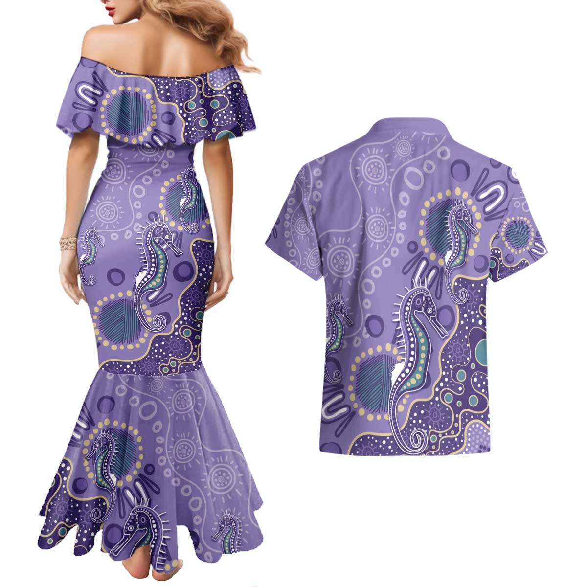 Australia Epilepsy Awareness Couples Matching Mermaid Dress and Hawaiian Shirt Aboriginal Purple Ribbon with Seahorse - Aussie Hoodie