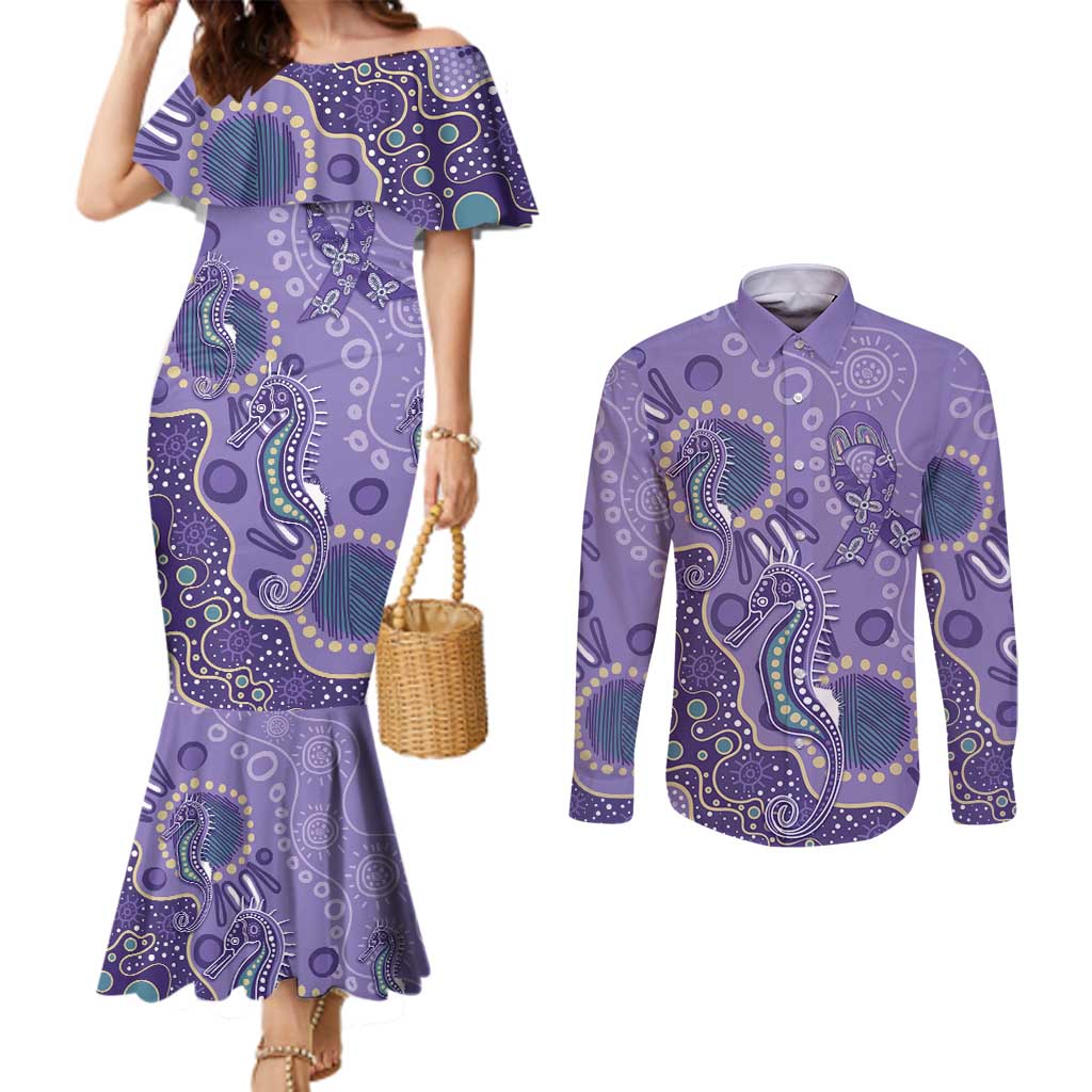 Australia Epilepsy Awareness Couples Matching Mermaid Dress and Long Sleeve Button Shirt Aboriginal Purple Ribbon with Seahorse - Aussie Hoodie