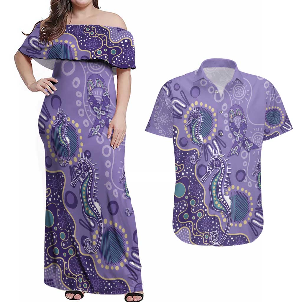 Australia Epilepsy Awareness Couples Matching Off Shoulder Maxi Dress and Hawaiian Shirt Aboriginal Purple Ribbon with Seahorse - Aussie Hoodie