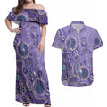 Australia Epilepsy Awareness Couples Matching Off Shoulder Maxi Dress and Hawaiian Shirt Aboriginal Purple Ribbon with Seahorse - Aussie Hoodie